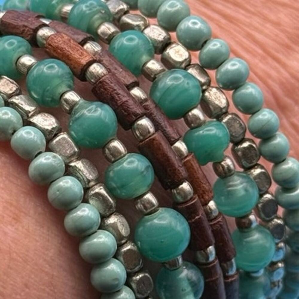 Vintage Coil Bracelet • Turquoise, Silver & Wood Beads • Flexible Wrap • Boho